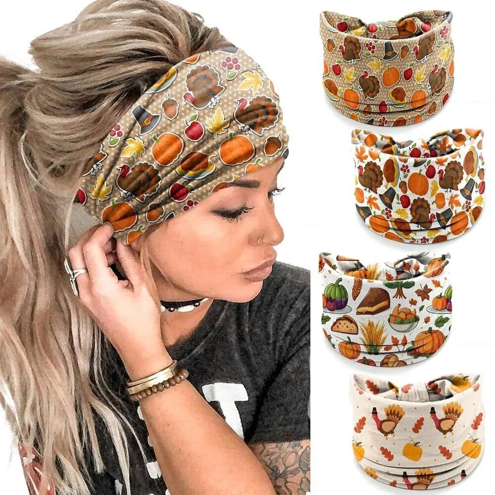 Thanksgiving Headbands Fabric 4 Pack Autumn Fall Leaves Turkey Wreaths